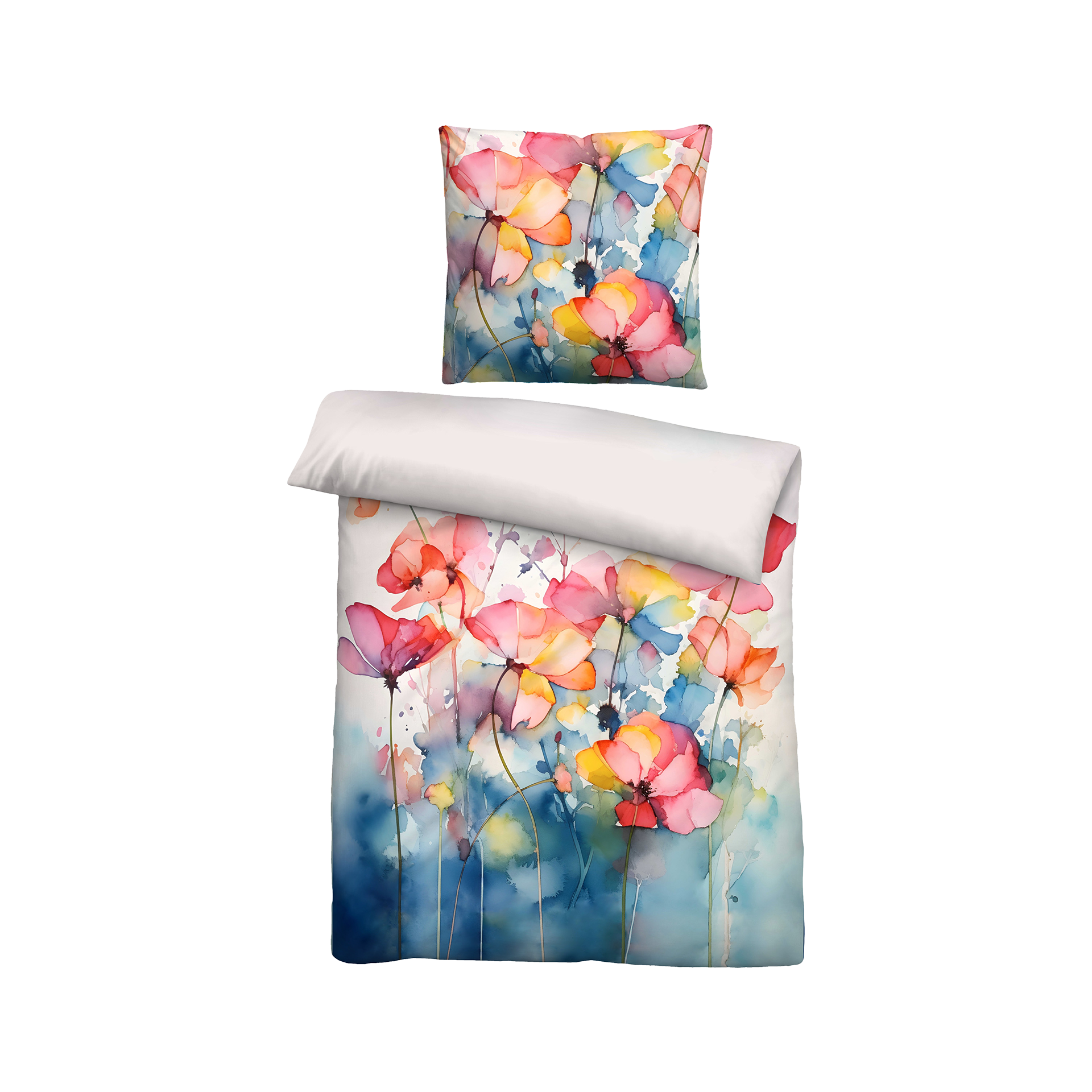 Tencel Bettwäsche Aquarell Blumen Taubenblau 155x220cm