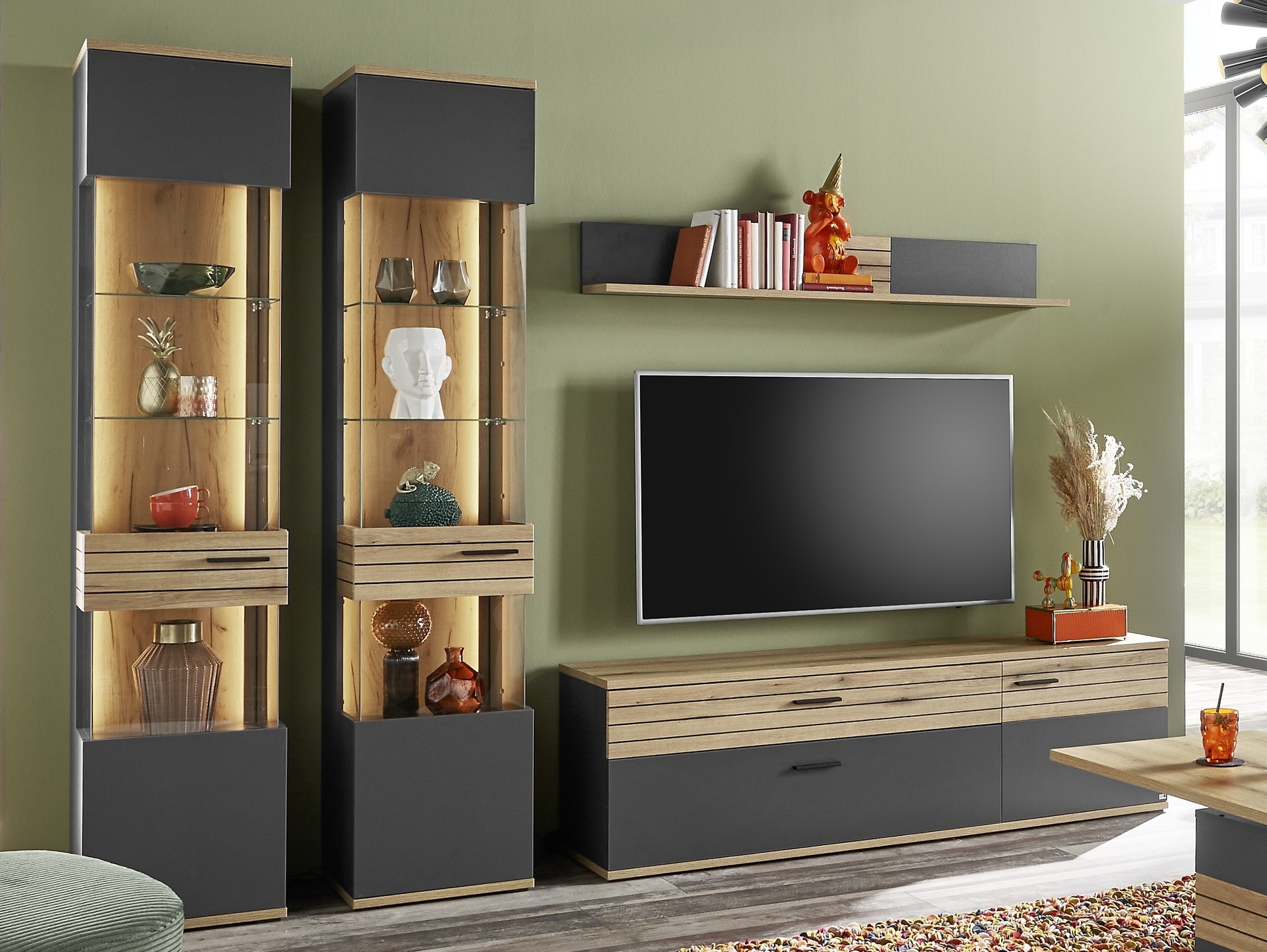 set one by Musterring Vitrine Quincy 4-teilig Anthrazit 40*300*207.4