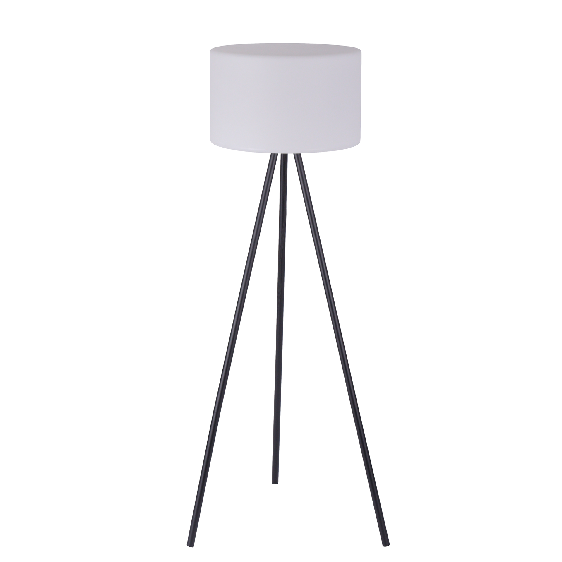 Stehleuchte mit schwarzem Drei-Bein-Gestell und weißem Lampenschirm