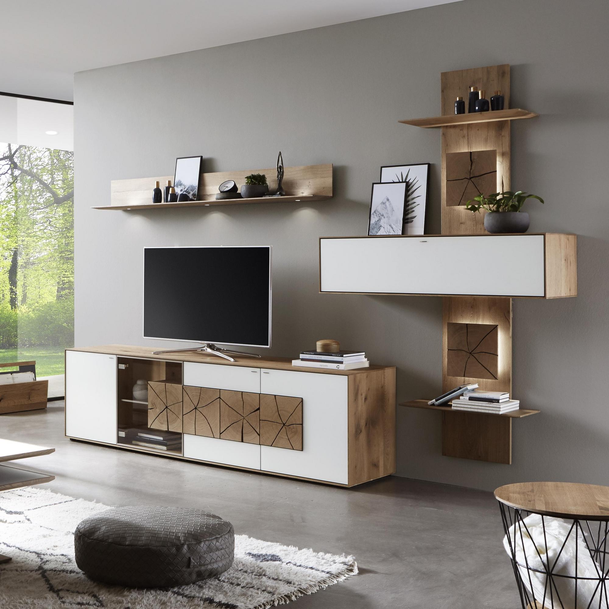 Hartmann Wohnwand Caya Front Weißglas matt Korpus Kerneiche Umato ohne Beleuchtung Hartmann Wohnwand Caya Front Weißglas matt Korpus Kerneiche Umato ohne Beleuchtung