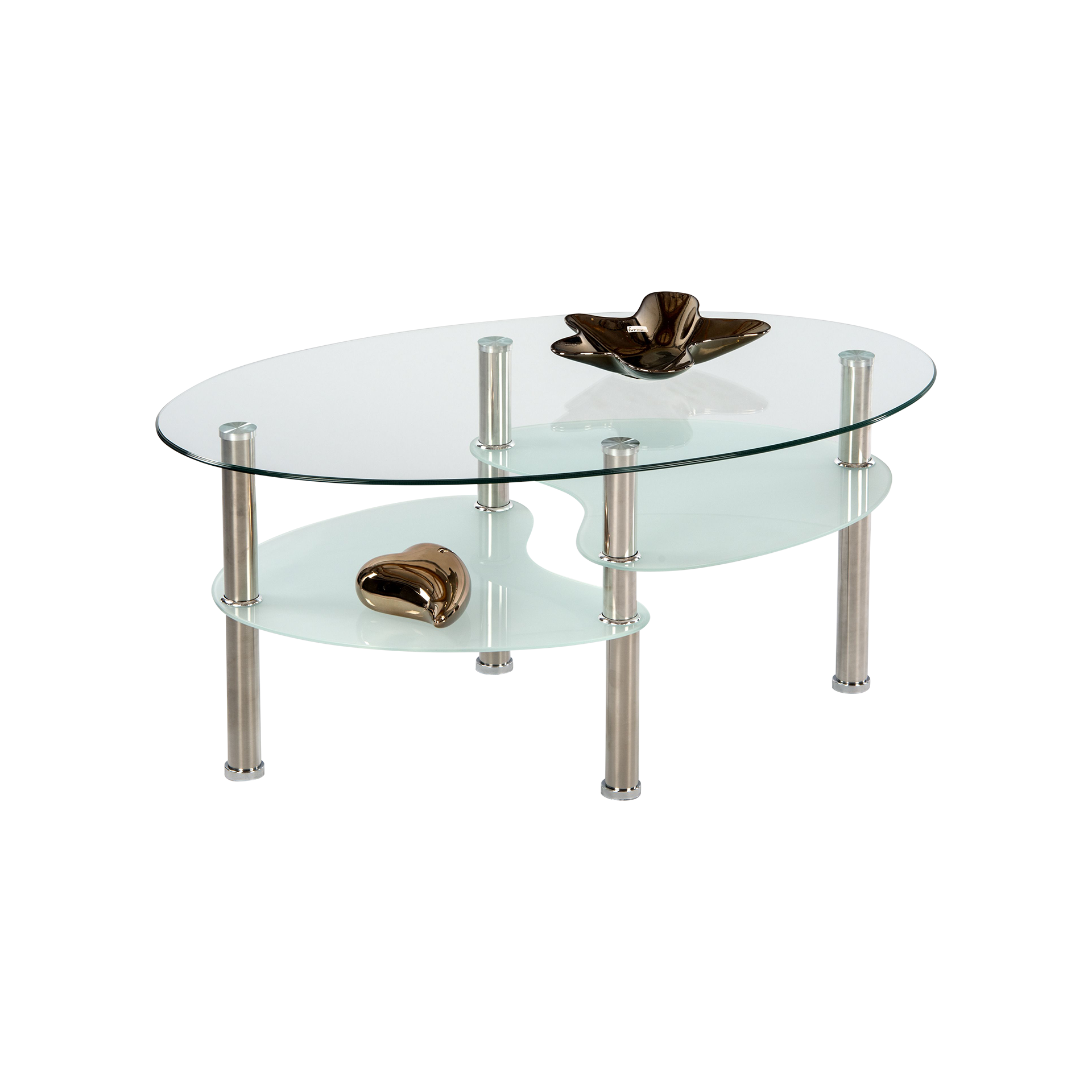 Couchtisch Wayne Oberseite Klarglas, Gestell Edelstahl, Ablage Satiniertes Glas 55*90*44