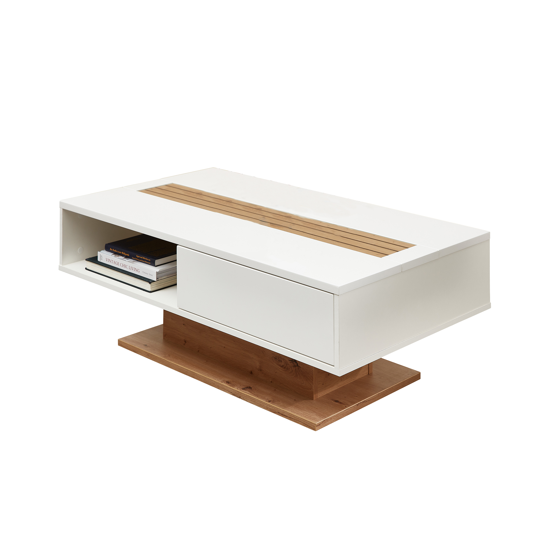 Inovationi Couchtisch Franca Weiß Matt MDF, Absetzung Artisan Eiche Nachbildung, Fuß Artisan Eiche Nachbildung