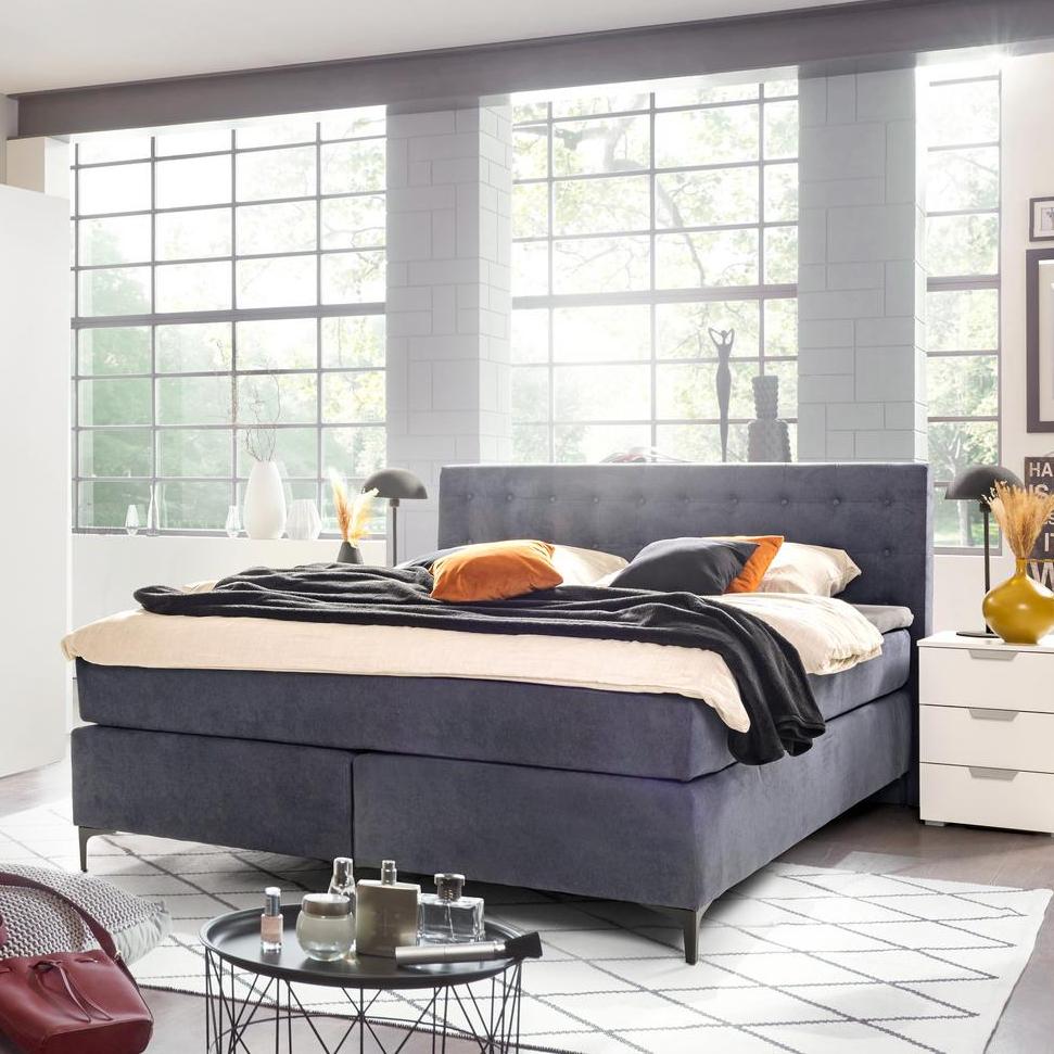 Boxspringbett Jenny Fuß Dark Black Bezug Grey Blue 180x200 cm Taschenfederkern inklusive Kaltschaum-Topper Boxspringbett Jenny Fuß Dark Black Bezug Grey Blue 180x200 cm Taschenfederkern inklusive Kaltschaum-Topper