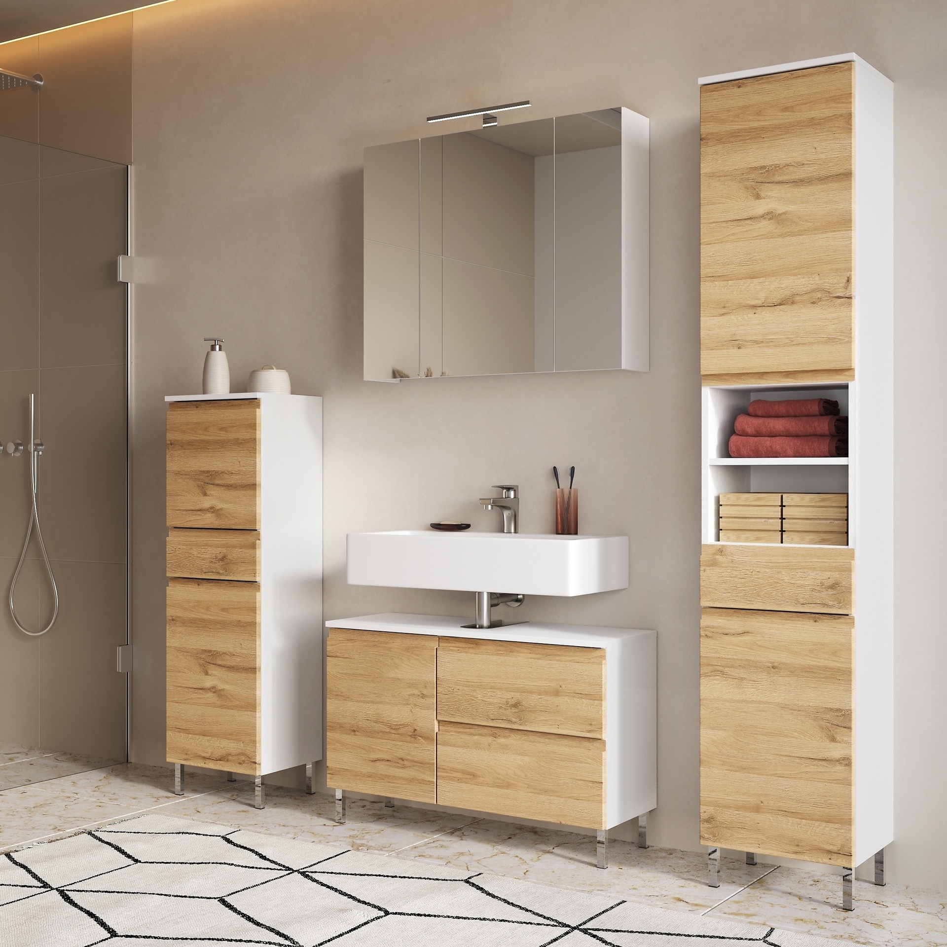 Badmöbel-Set Torrance 4-teilig Front Eichefarben Korpus Weiß 34*170*190 Badmöbel-Set Torrance 4-teilig Front Eichefarben Korpus Weiß 34*170*190