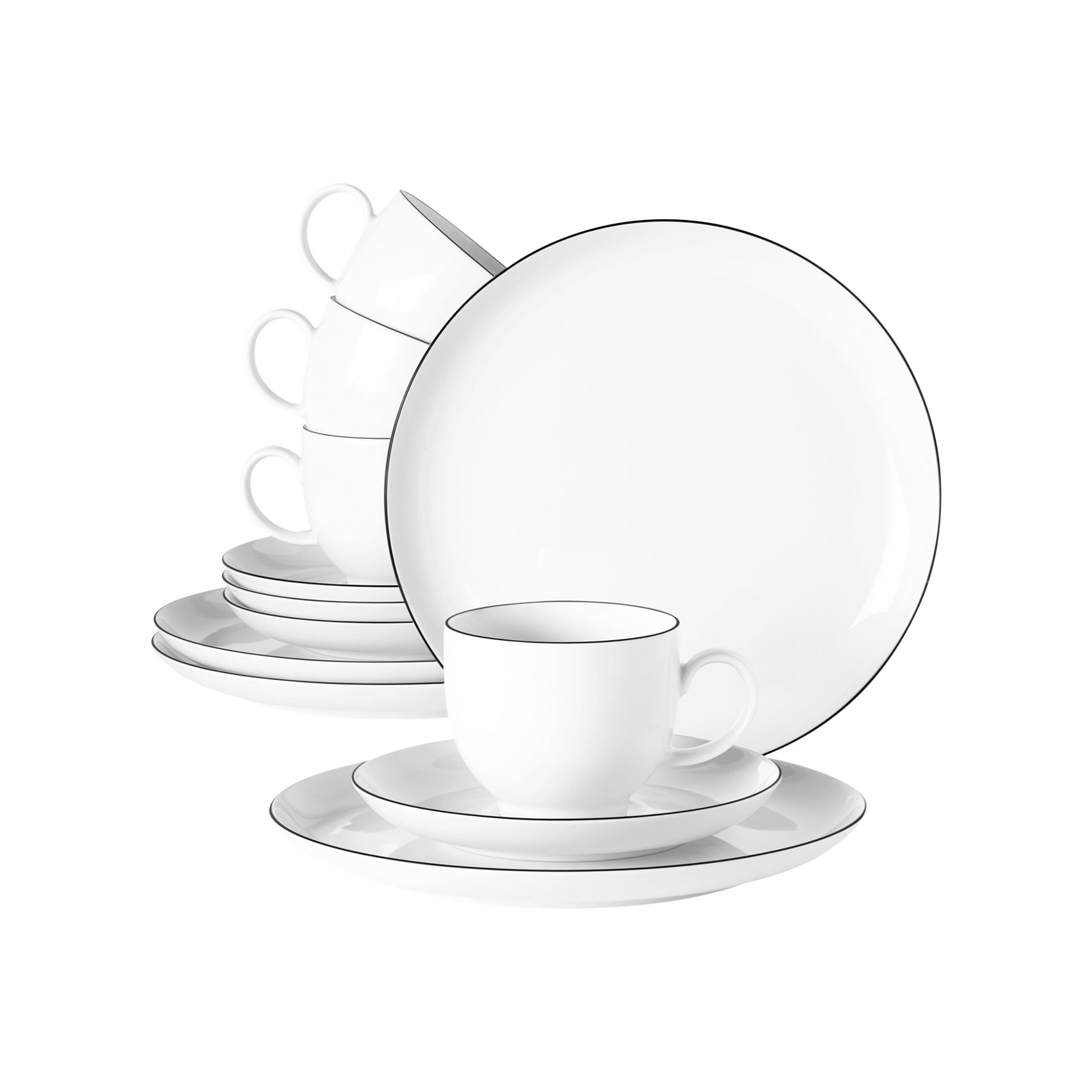 Kaffeeservice Lido 12-teilig Weiß mit schwarzem Rand