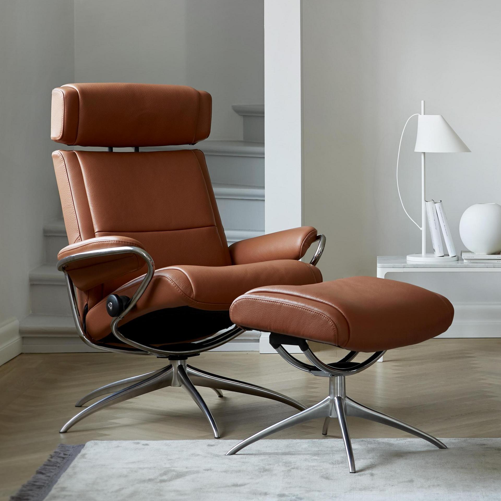 Stressless Relaxsessel mit Hocker Paris M Star M Bezug Leder Batick Warm Brown 87, Gestell Chrom 40