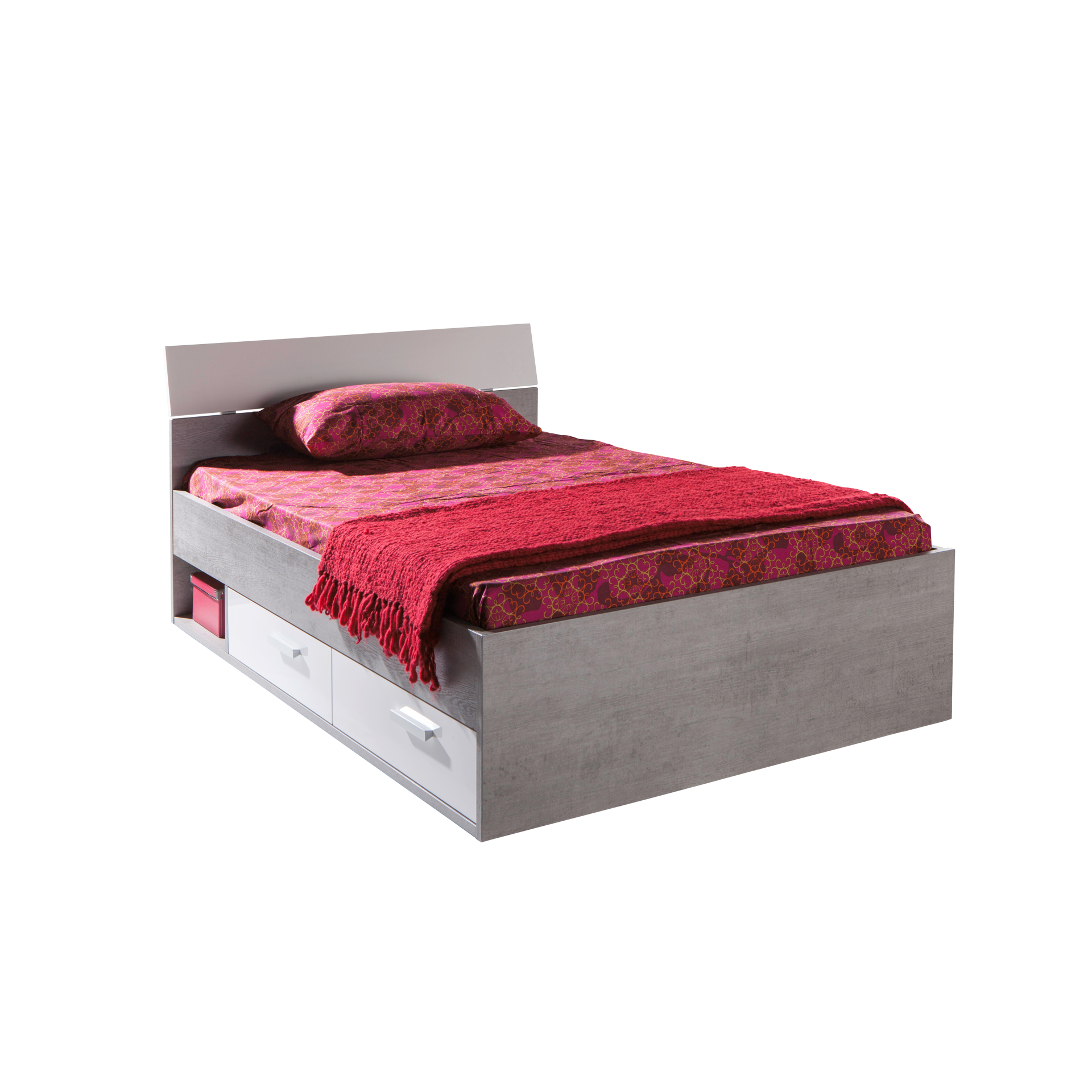 Funktionsbett Milano Rahmen Beton Optik Schubkasten Weiß Kopfteil Weiß 120x200 cm