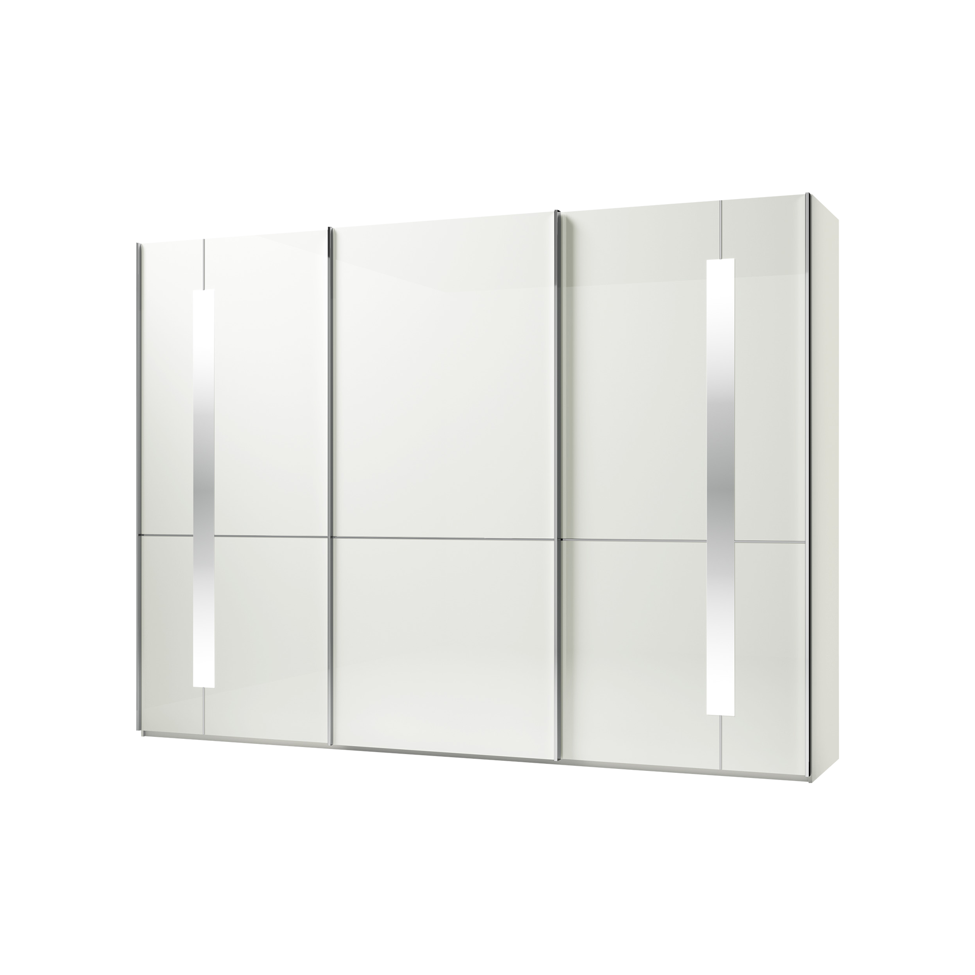 Musterring Schwebetürenschrank Imola Absetzung Chromfarben, Front Glas Weiß, Korpus Weiß