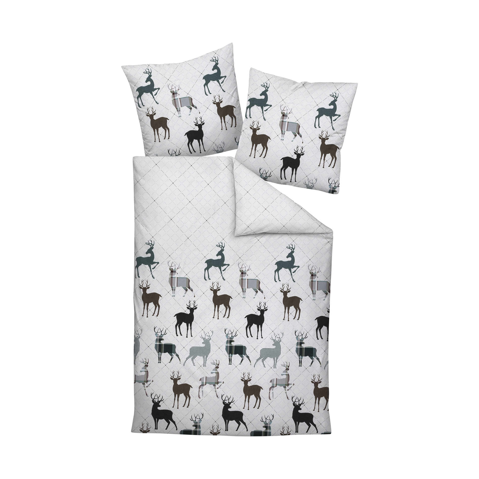 Biberbettwäsche Davos Beige-Tannengrün Bezug 135x200 Kissen 80x80cm