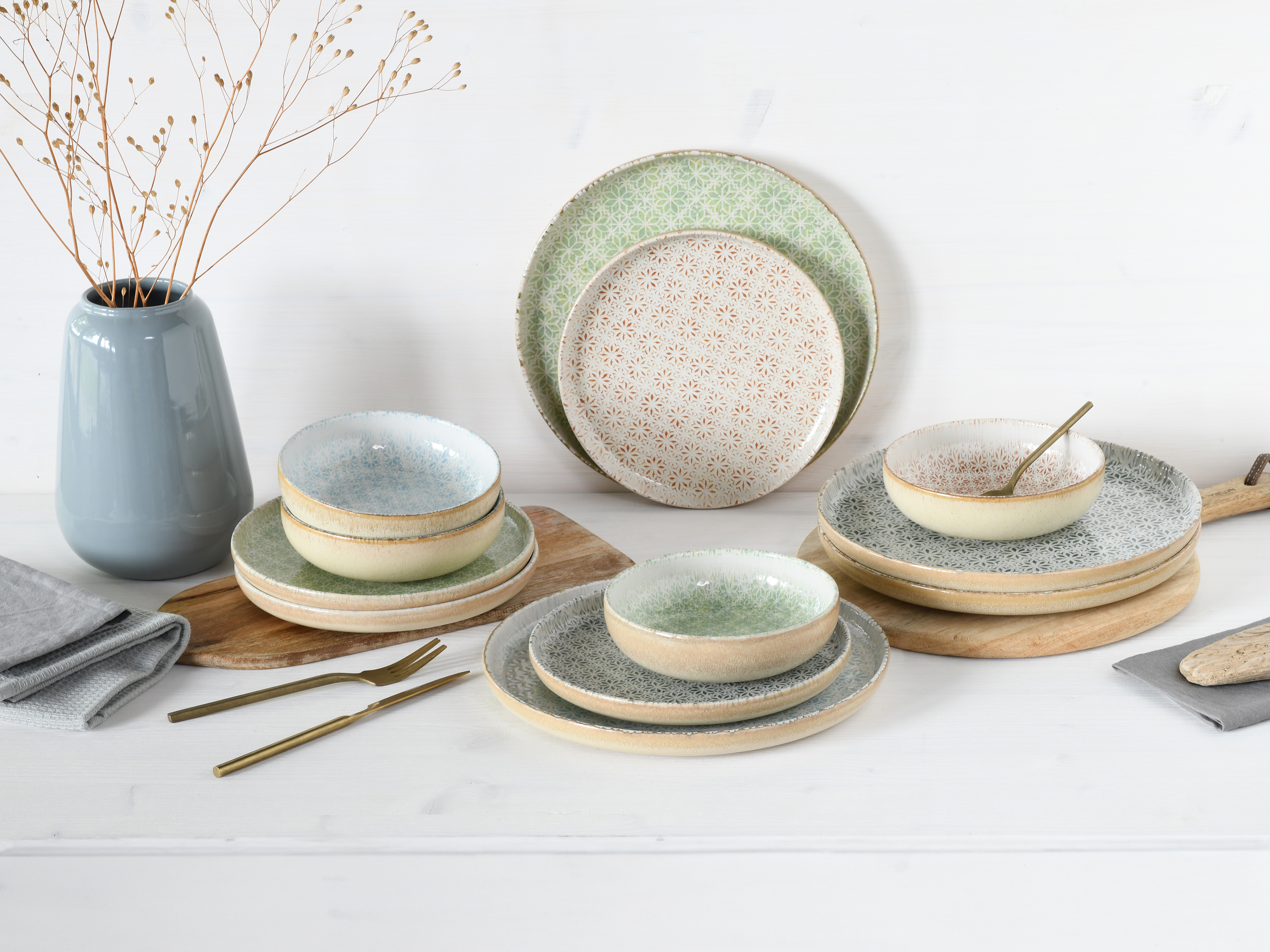 Kombiservice Uno Emiliana 12-teilig blau peach grün grau Kombiservice Uno Emiliana 12-teilig blau peach grün grau