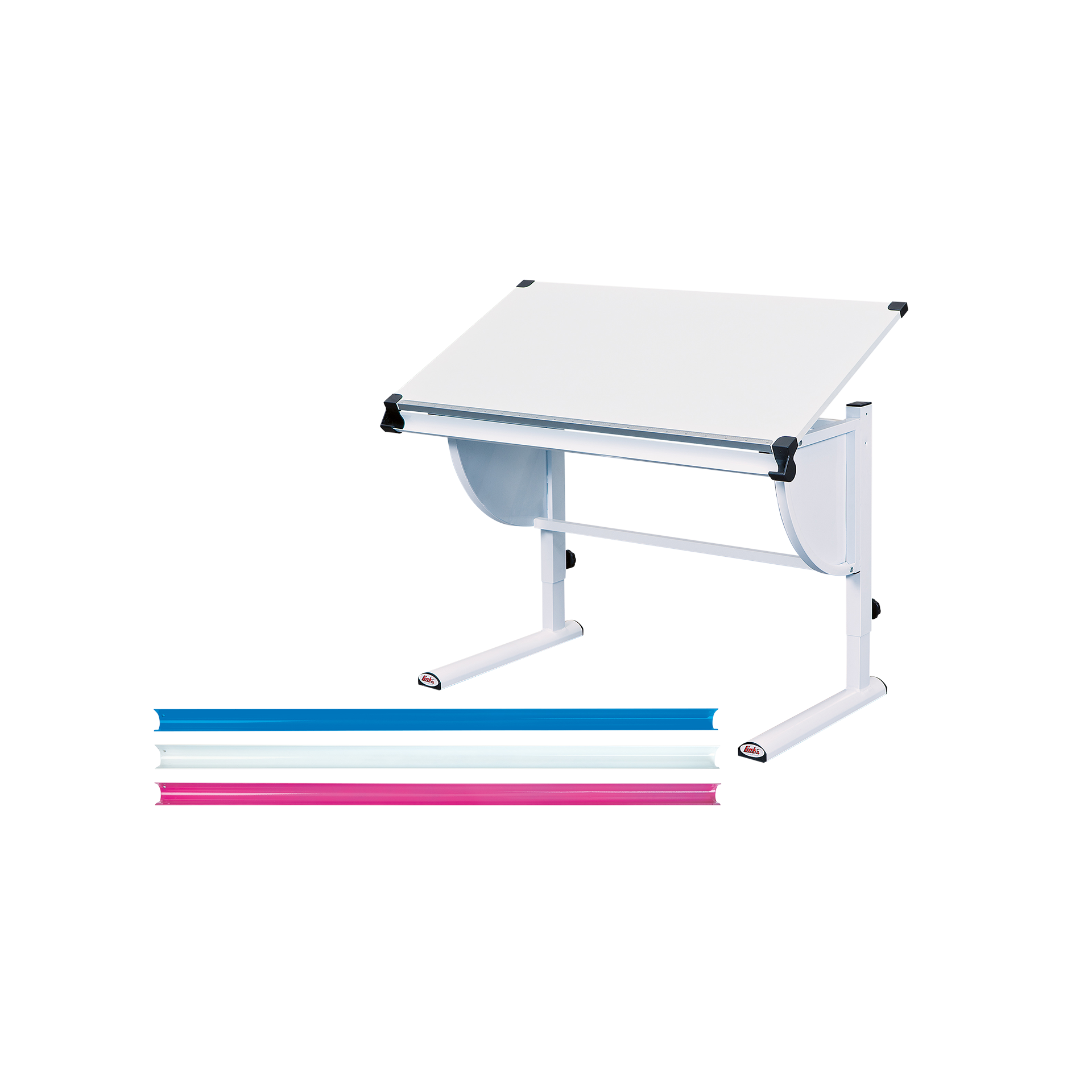 Schreibtisch Milo 3 in 1 Platte Weiß Gestell Weiß Absetzung Wechselfarben Blau, Pink & Weiß Schreibtisch Milo 3 in 1 Platte Weiß Gestell Weiß Absetzung Wechselfarben Blau, Pink & Weiß