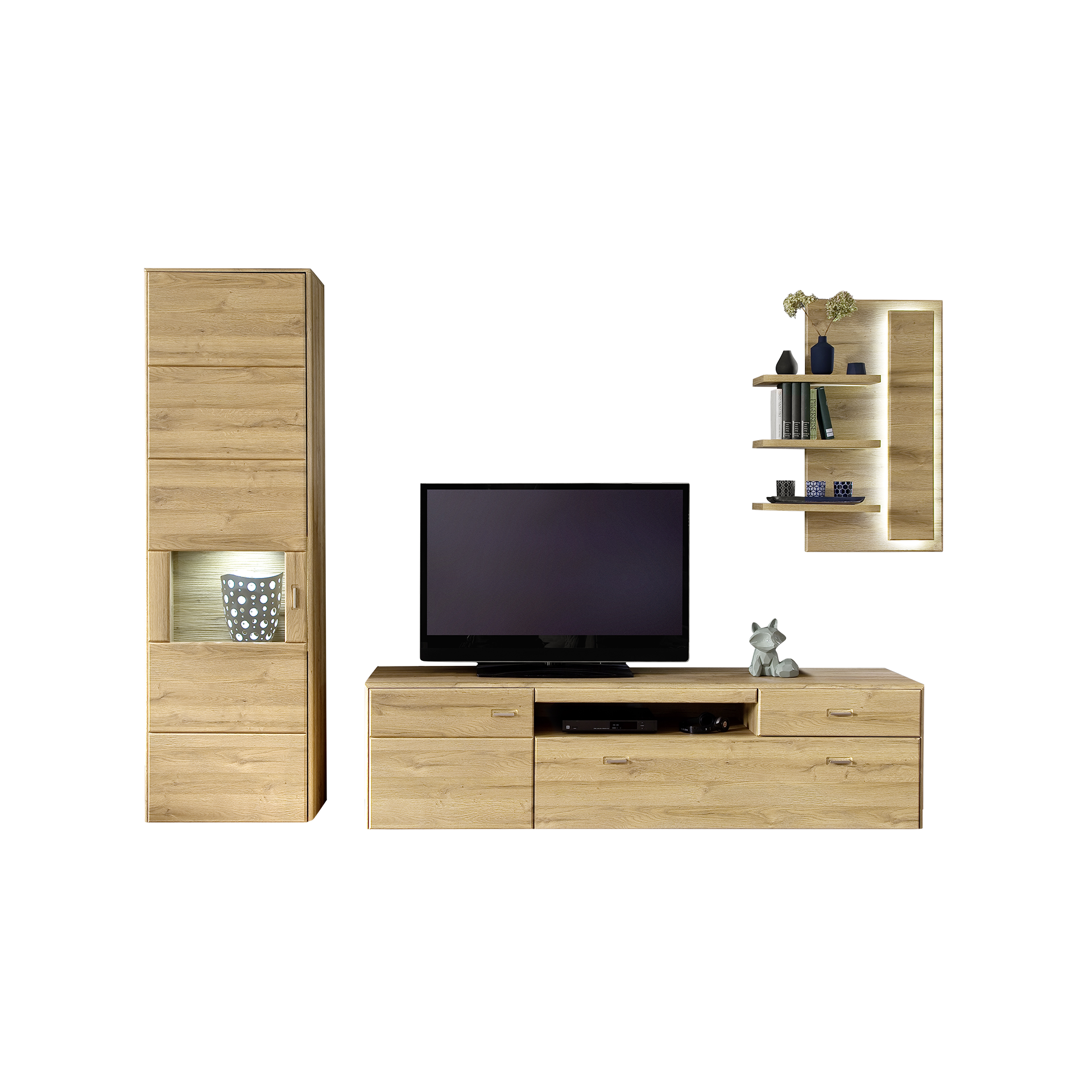 Wohnwand Florian 7-teilig Rückwand Grandson Oak Korpus Holzfarben Wohnwand Florian 7-teilig Rückwand Grandson Oak Korpus Holzfarben