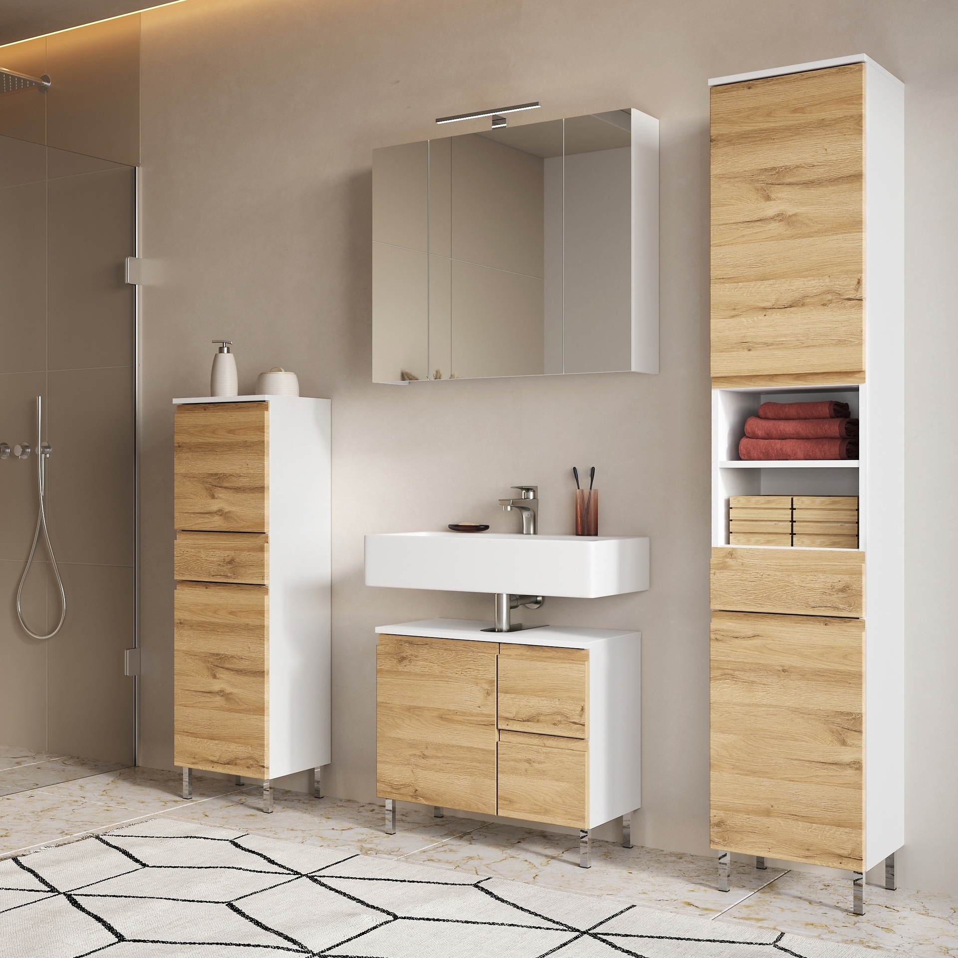 Badmöbel-Set Torrance 4-teilig Front Eichefarben Korpus Weiß 34*150*190 Badmöbel-Set Torrance 4-teilig Front Eichefarben Korpus Weiß 34*150*190