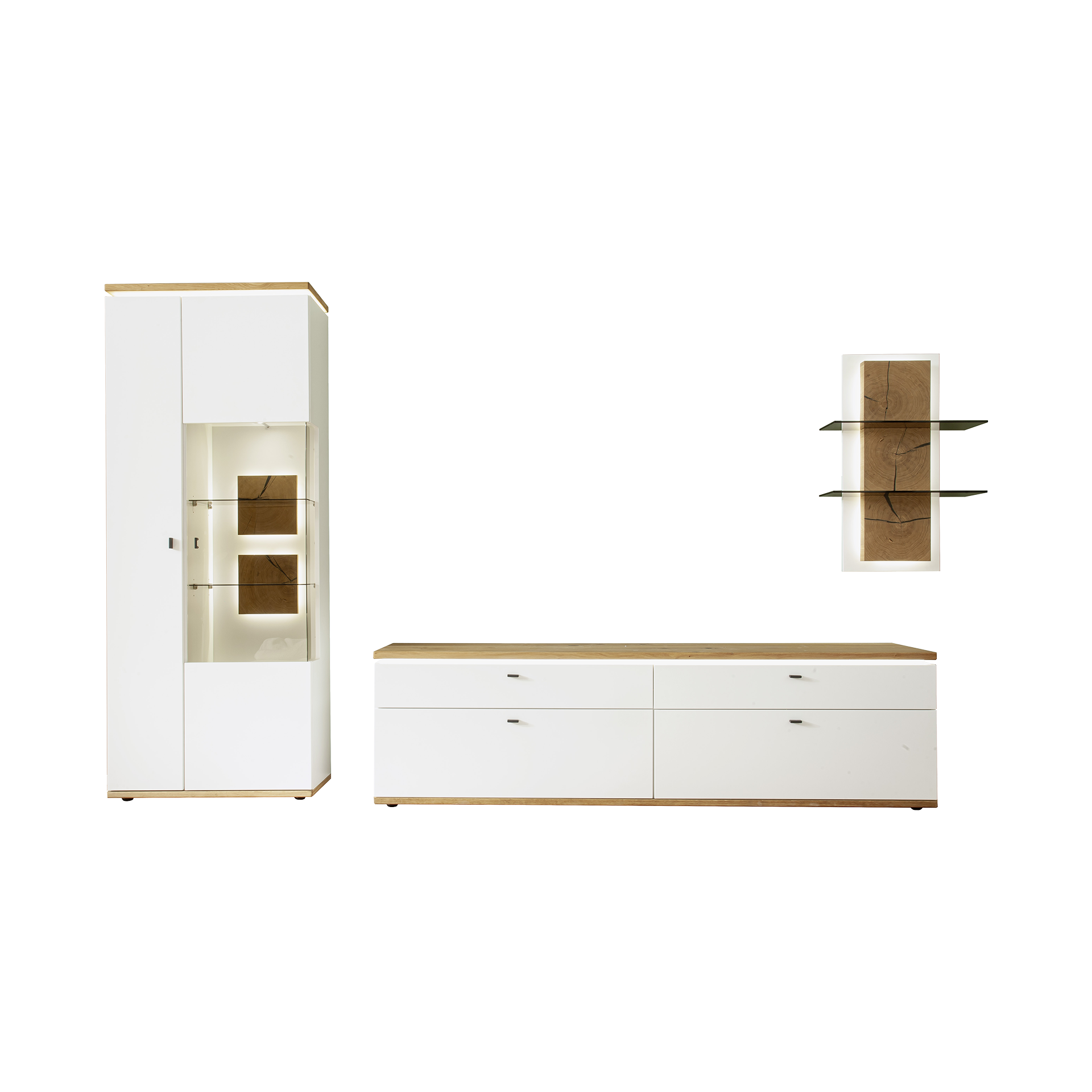 Francesca Garibaldi Wohnwand Malina Absetzung Wildeiche geölt Korpus Soft White lackiert Francesca Garibaldi Wohnwand Malina Absetzung Wildeiche geölt Korpus Soft White lackiert