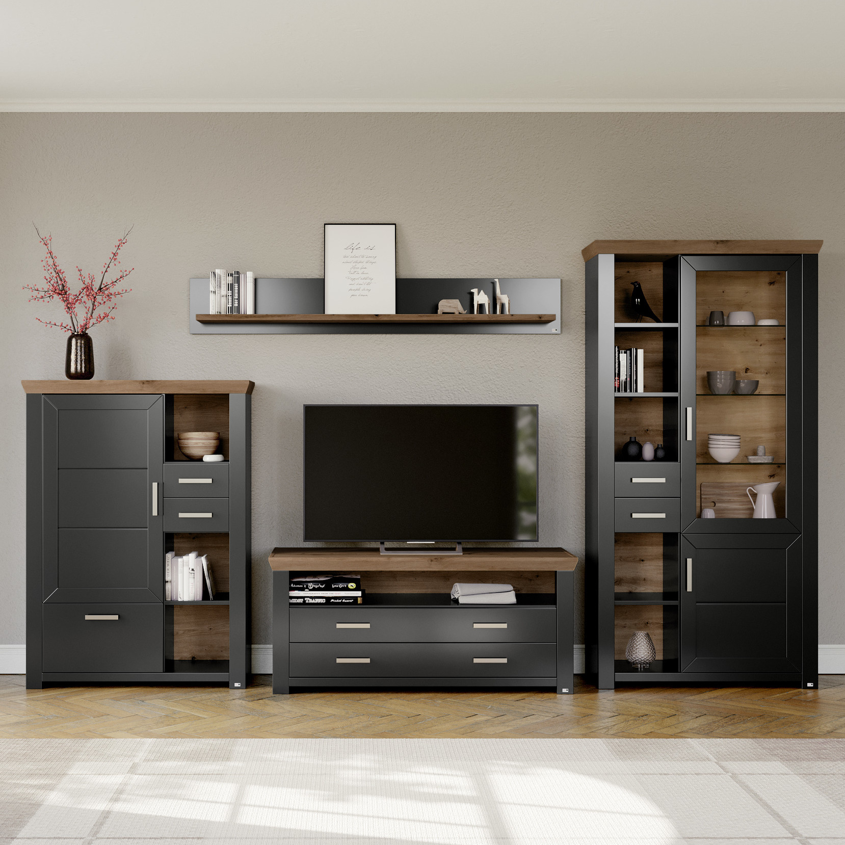 set one by Musterring Wohnwand York 4-teilig Grau 51.2*370*206.6 set one by Musterring Wohnwand York 4-teilig Grau 51.2*370*206.6